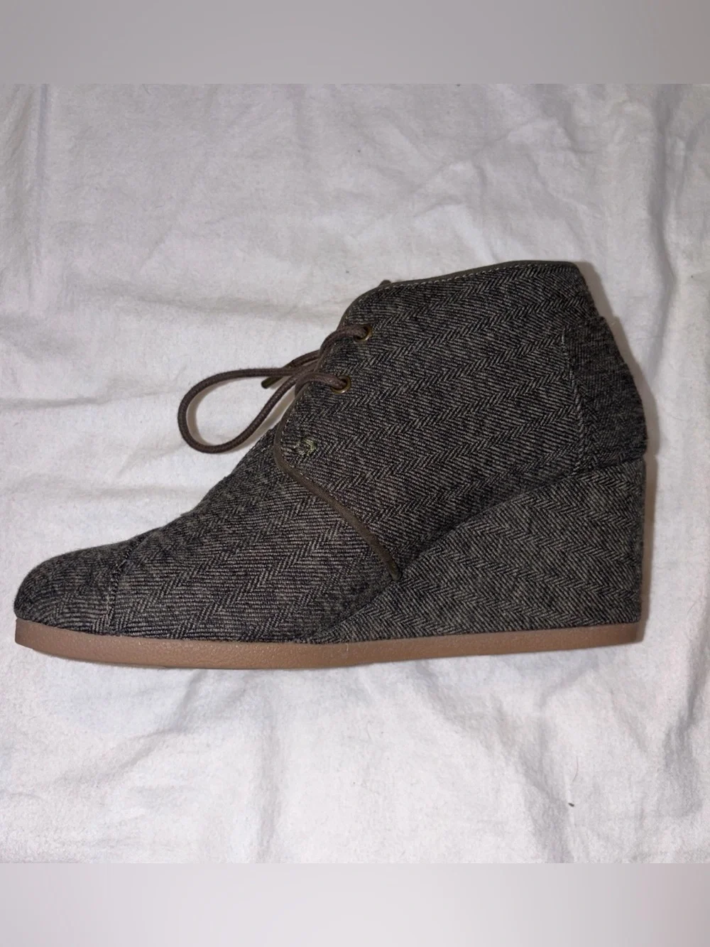 Toms Desert Wedge Herringbone Bootie Ankle Boots Shoes Gray Lace Up Fabric sz7.5
